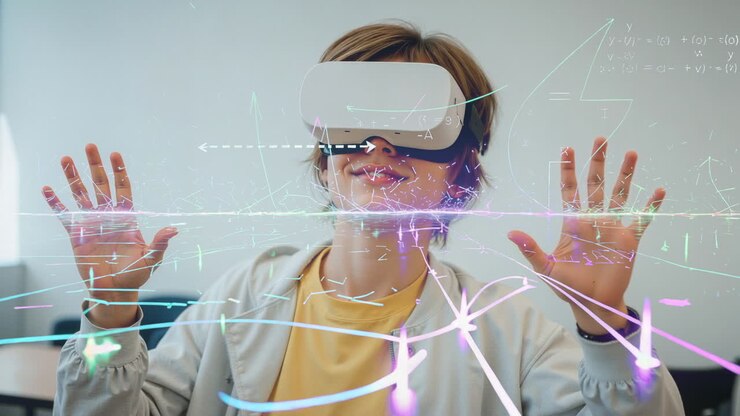 Persona che sperimenta la realtà virtuale con visualizzazione dati