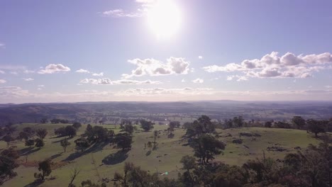 Vuelo-Aéreo-Sobre-El-Bosque-En-Australia-Con-Sol-Y-Nubes-En-El-Fondo,-Tiro-Extremo-De-Larga-Distancia-Avanzando