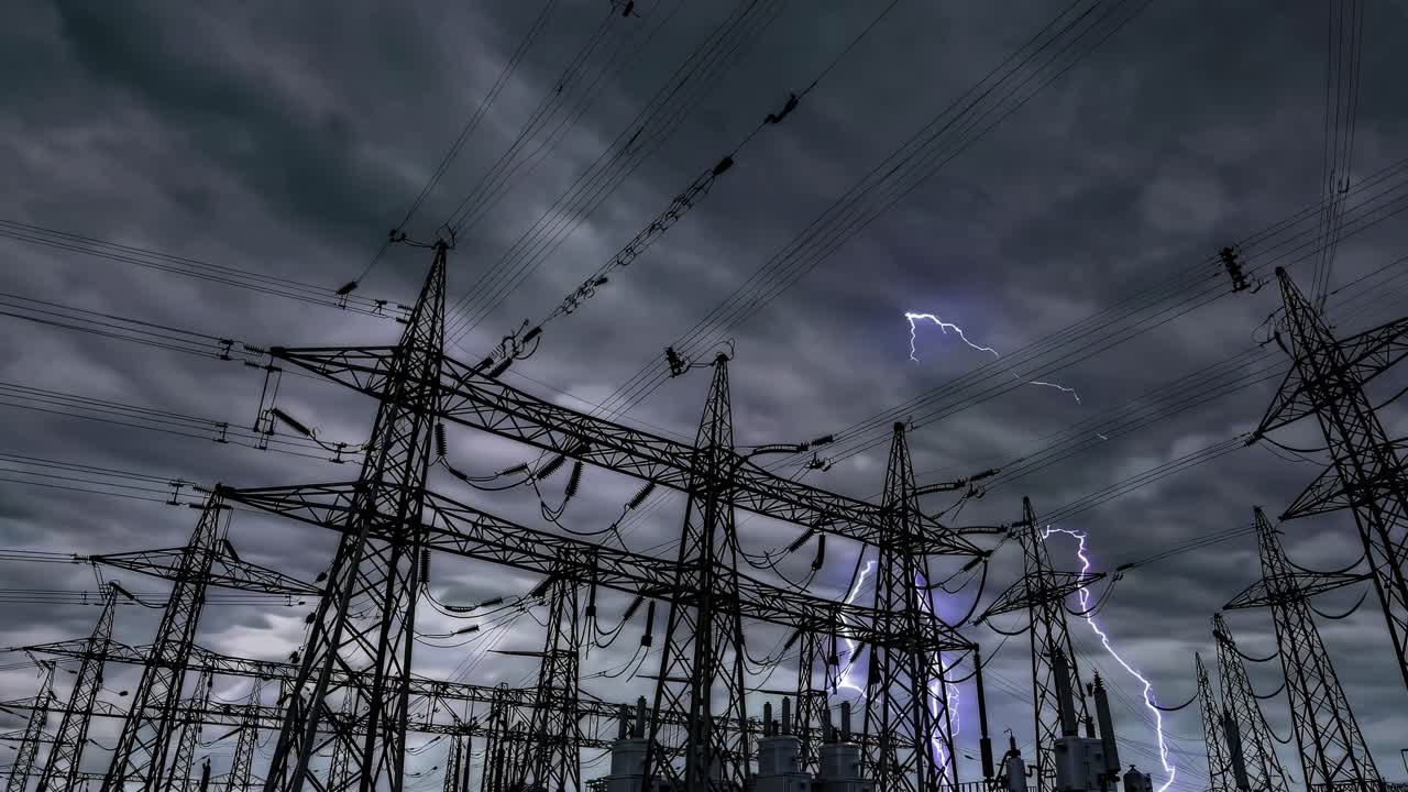 Dramatic low-angle video shot of power lines against a stormy sky with lightning, emphasizing energy