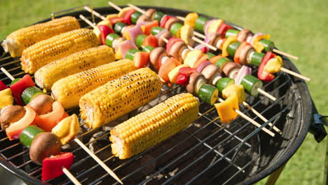 grilling corn and vegetable skewers in garden on sunny day, enjoying barbecue