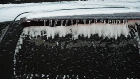 close-up of frosted car window covered in icicles and snow with blurred winter background, capturing frozen textures, icy details, and the cold atmosphere of an overcast day