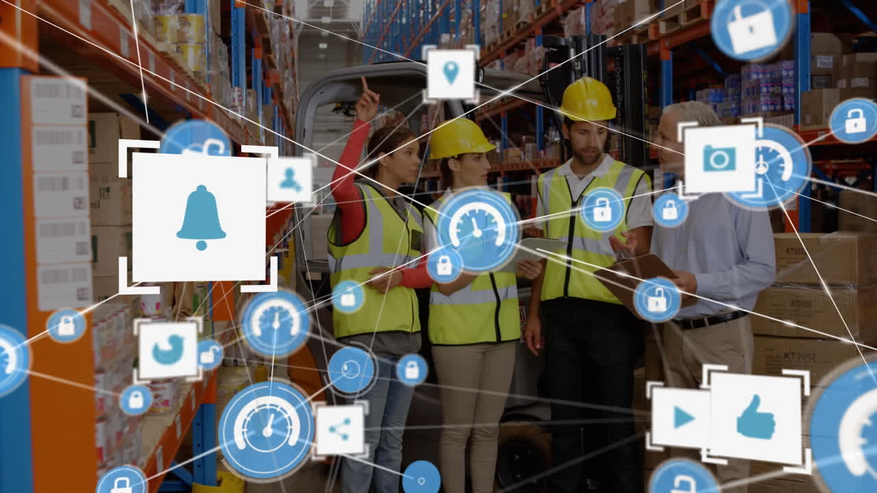 Animazione di una rete di connessioni su diversi lavoratori in un magazzino