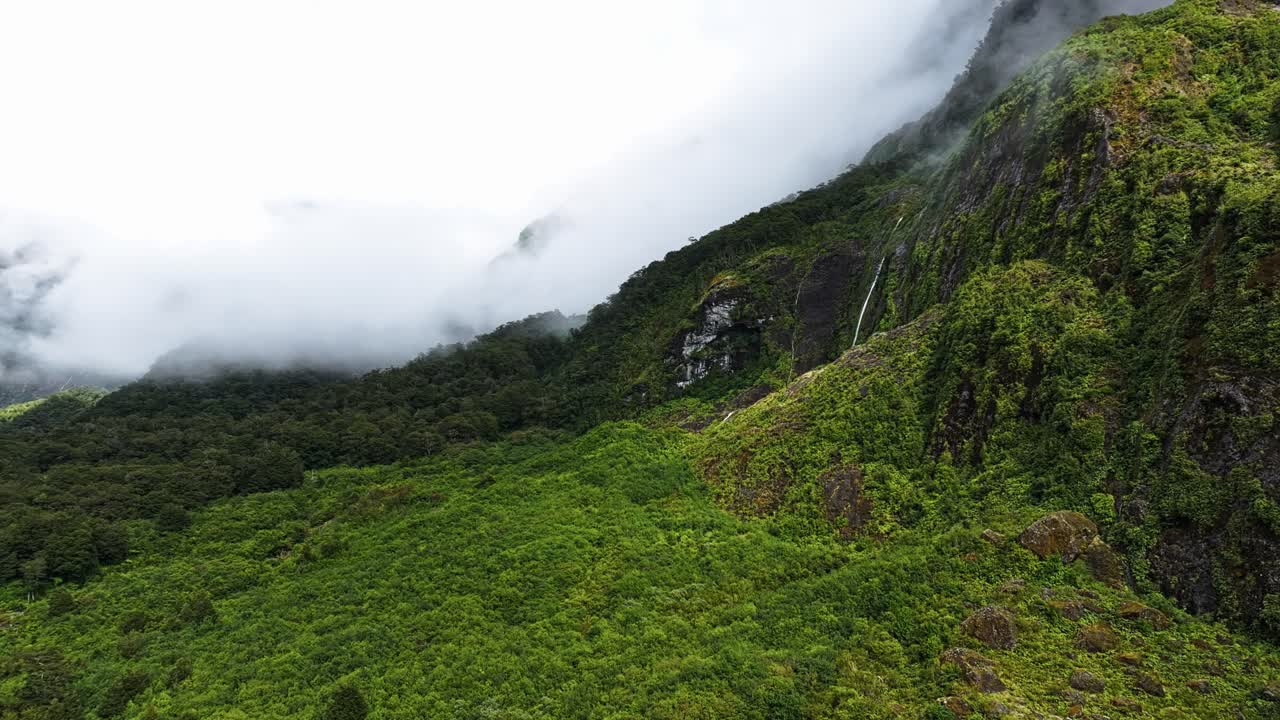 Lush tropical green jungle with thick dense cloud cover and waterfalls along edge, aerial pullback