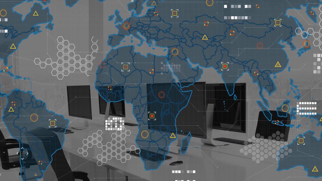 Animation of world map and data processing against empty office