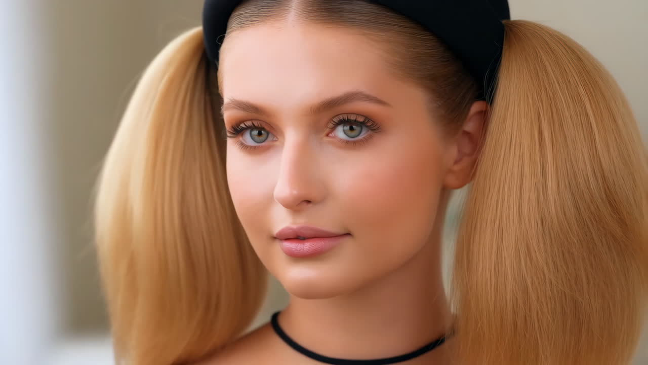 Portrait of a woman with blonde hair and ponytails