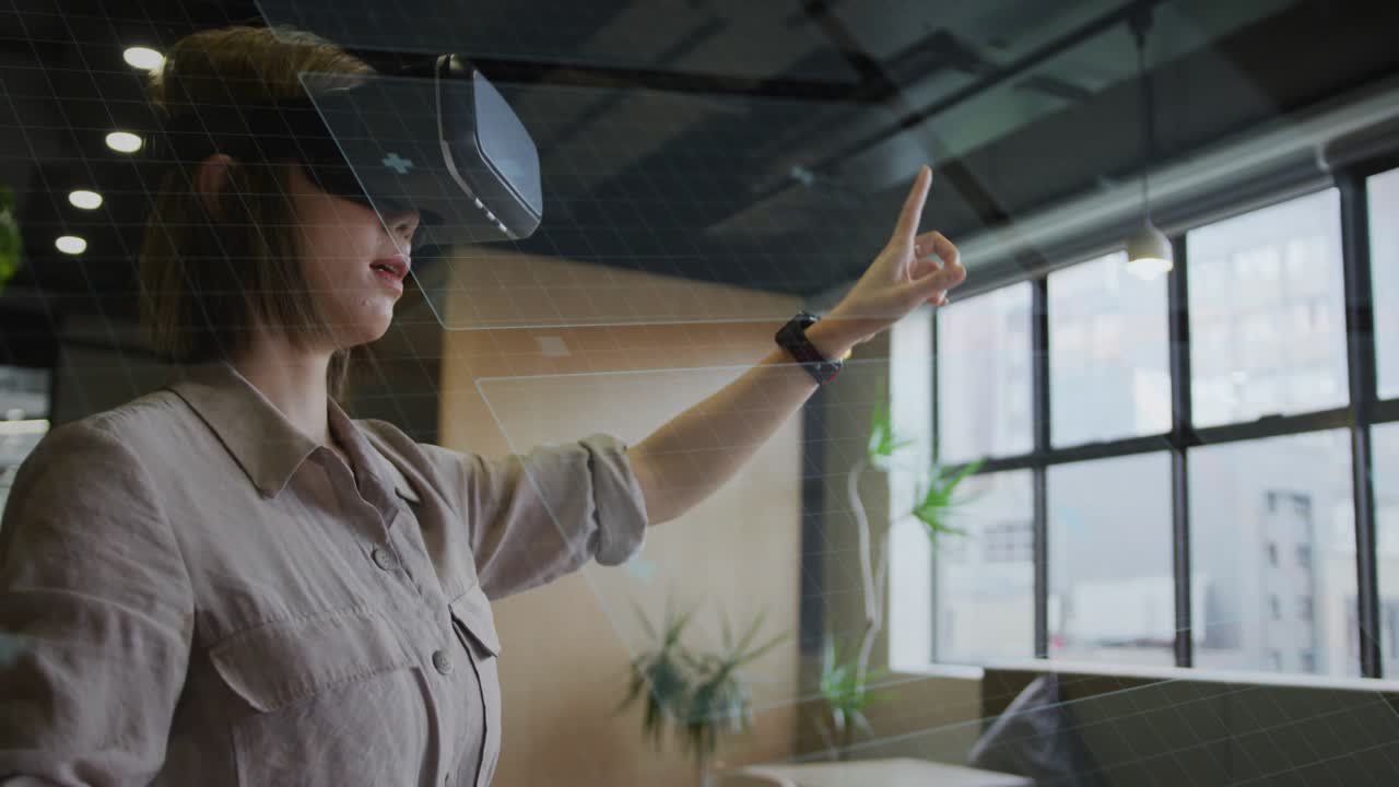 Woman in VR headset pointing, swiping holo bar charts, pinching to resize for business