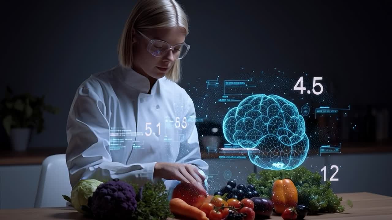 Chef usando tecnologia para analisar legumes em uma cozinha moderna