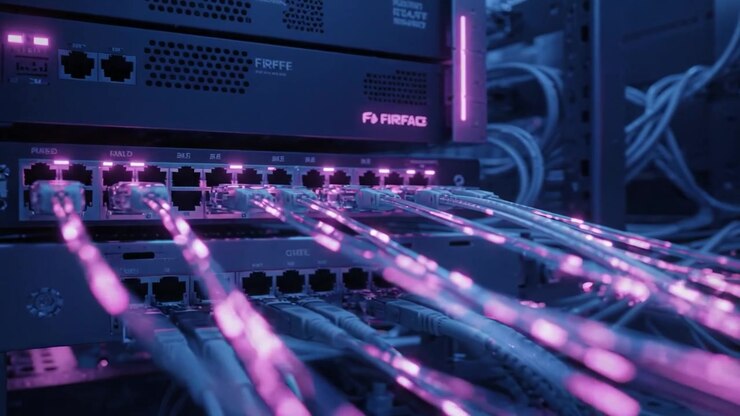 Futuristic Server Room with Vibrant Lights and Cable Connections, Showcasing Modern Data Equipment in a High-Tech Network Environment.
