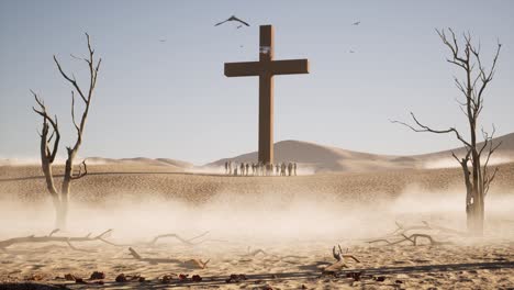 A-huge-wooden-cross-on-the-desert-with-people-standing-around-it,-dry-trees,-branches,-and-leaves-scattered-around,-3D-animation,-day-time