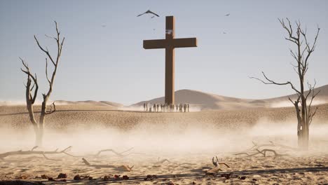 una enorme cruz de madera en el desierto con gente parada a su alrededor, árboles secos, ramas y hojas esparcidas, animación 3d, hora del día