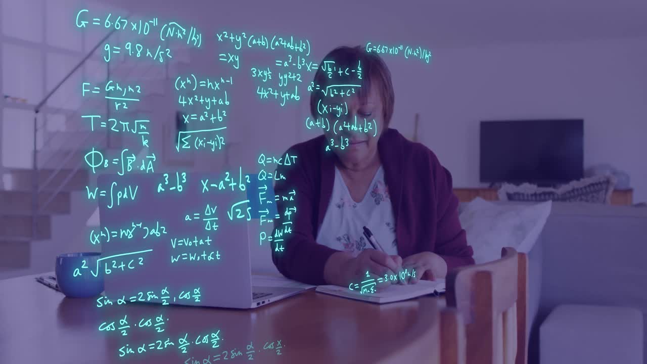 animación de procesamiento de datos científicos sobre una estudiante de último año de dos razas usando una computadora portátil.