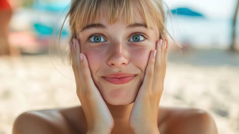 close-up shot of a surprised woman on a beach, hands on cheeks, wide-eyed