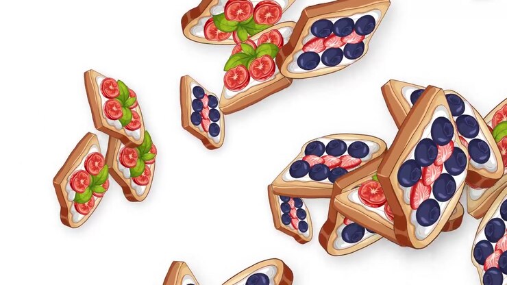 Colorful illustrated toast slices with savory and sweet toppings fall through a white space.