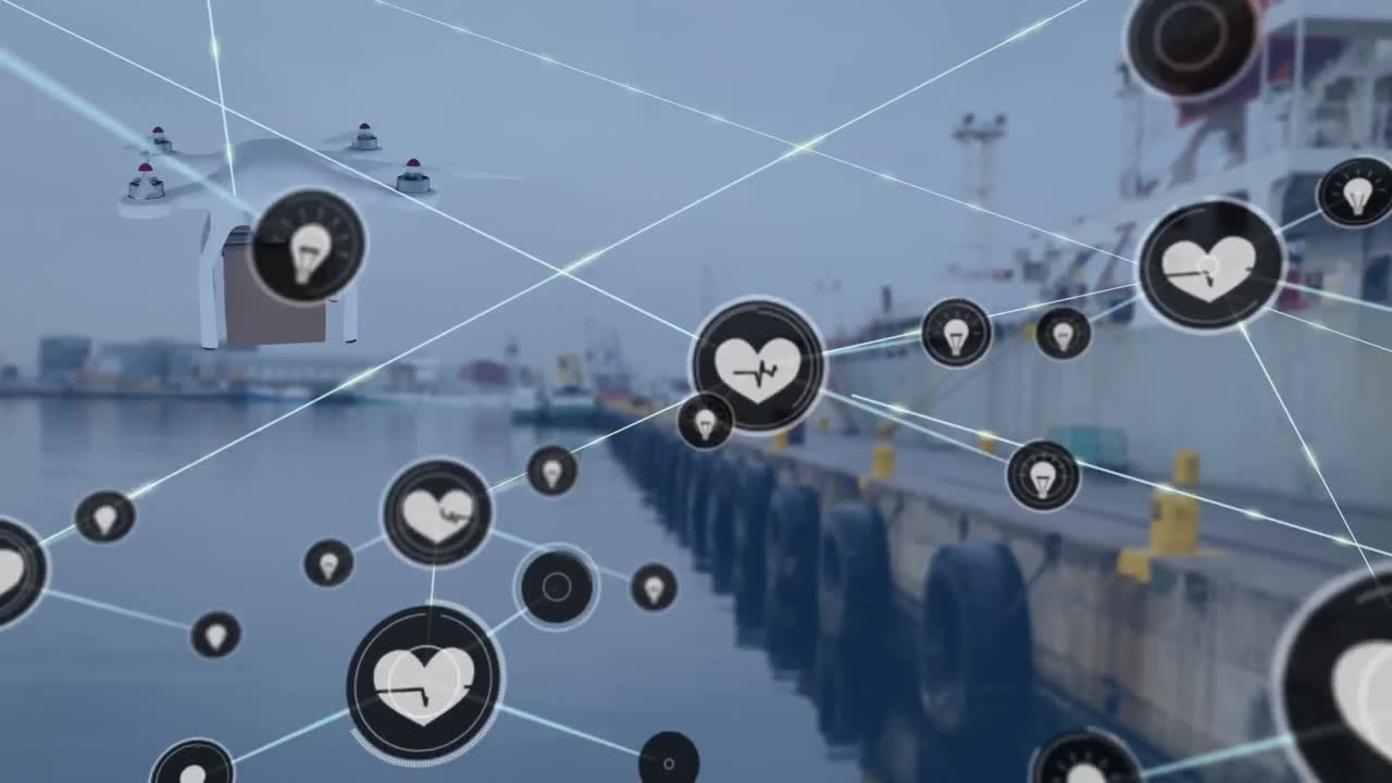 패키지를 운반하는 드론을 통해 아이콘으로 연결된 네트워크의 애니메이션