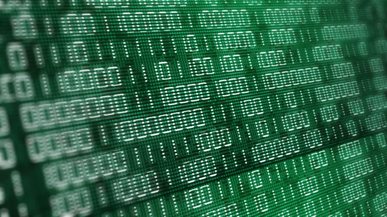 Electronic screen with changing binary code. Green computer display with flickering dots and pixels. Illumination of ones and zeros. Abstract animation with blurred background.