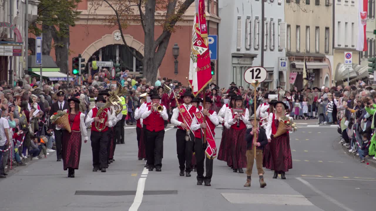Brass band Sasso Rosso from Dimaro at the annual grape festival, Meran - Merano, South Tyrol, Italy