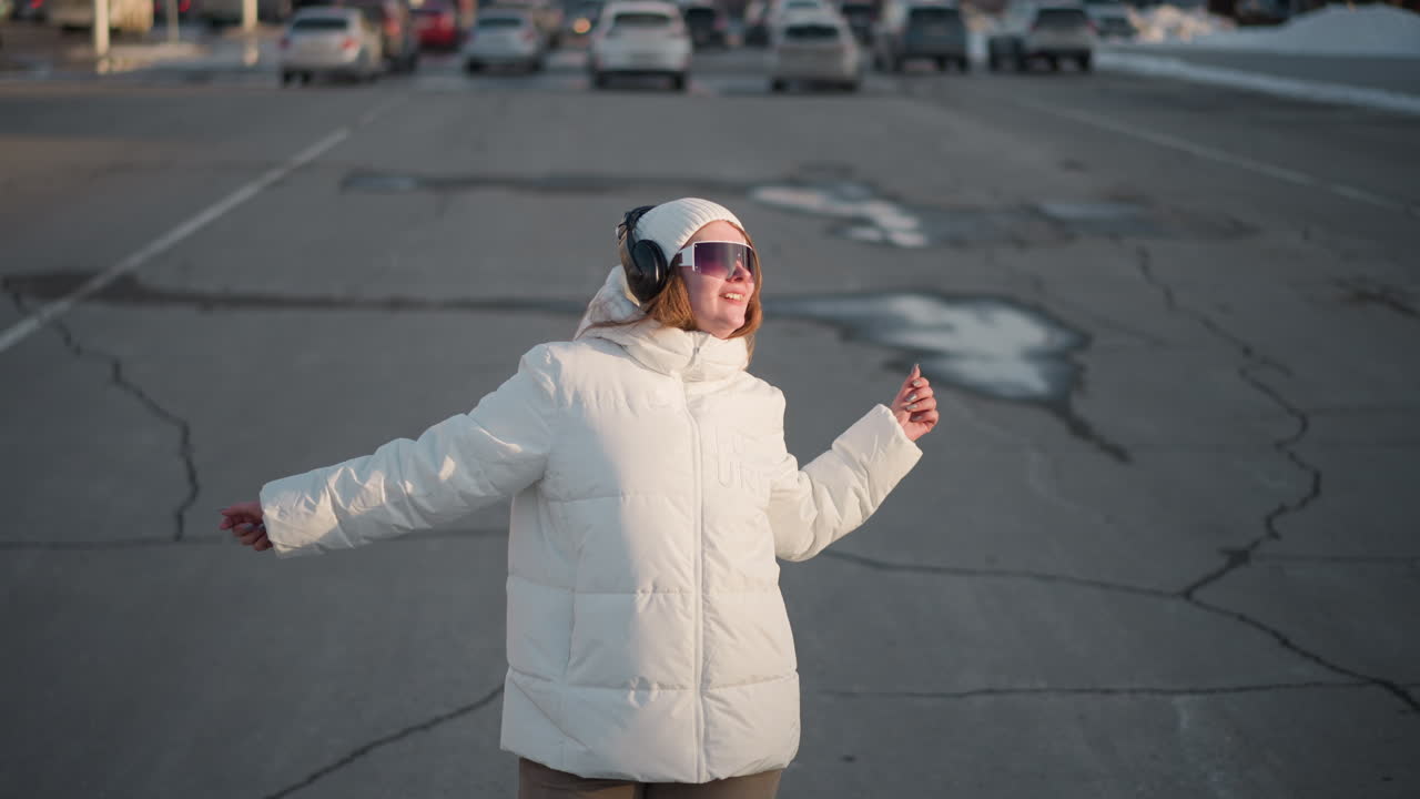 Mover expressing herself through motion, radiant smiles as she dances on cracked pavement with scattered water drops in open space, wearing winter jacket, beanie, and headphones on sunny afternoon