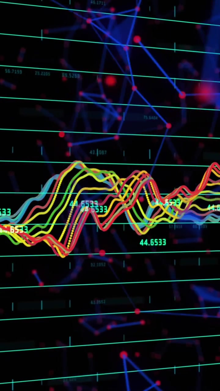 Animasi digital jaringan koneksi dan pemrosesan data keuangan dengan latar belakang hitam