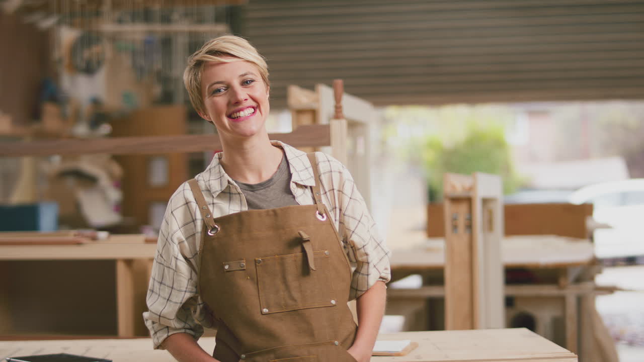 Ritratto di apprendista falegname sorridente al lavoro in un laboratorio di mobili.