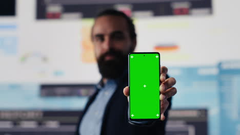 business director showing chroma key isolated screen for digital analysis