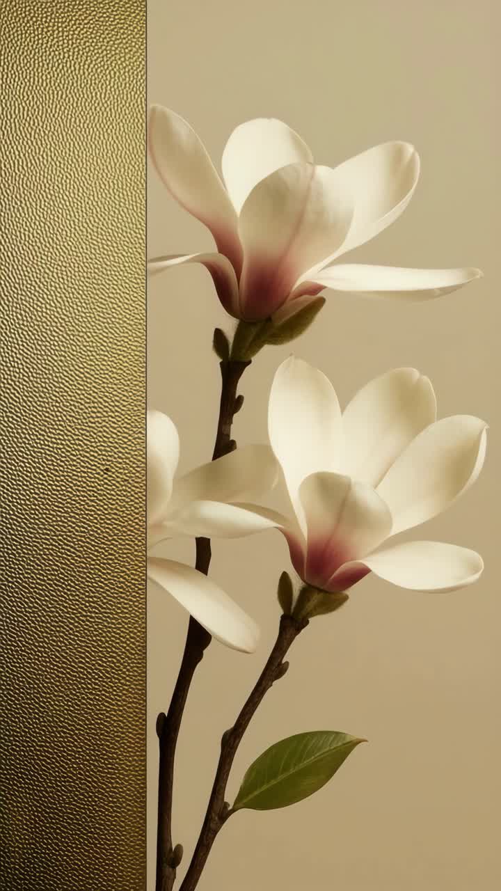 Elegante primo piano di fiori di magnolia su sfondo oro текстурированный, catturato da un angolo laterale
