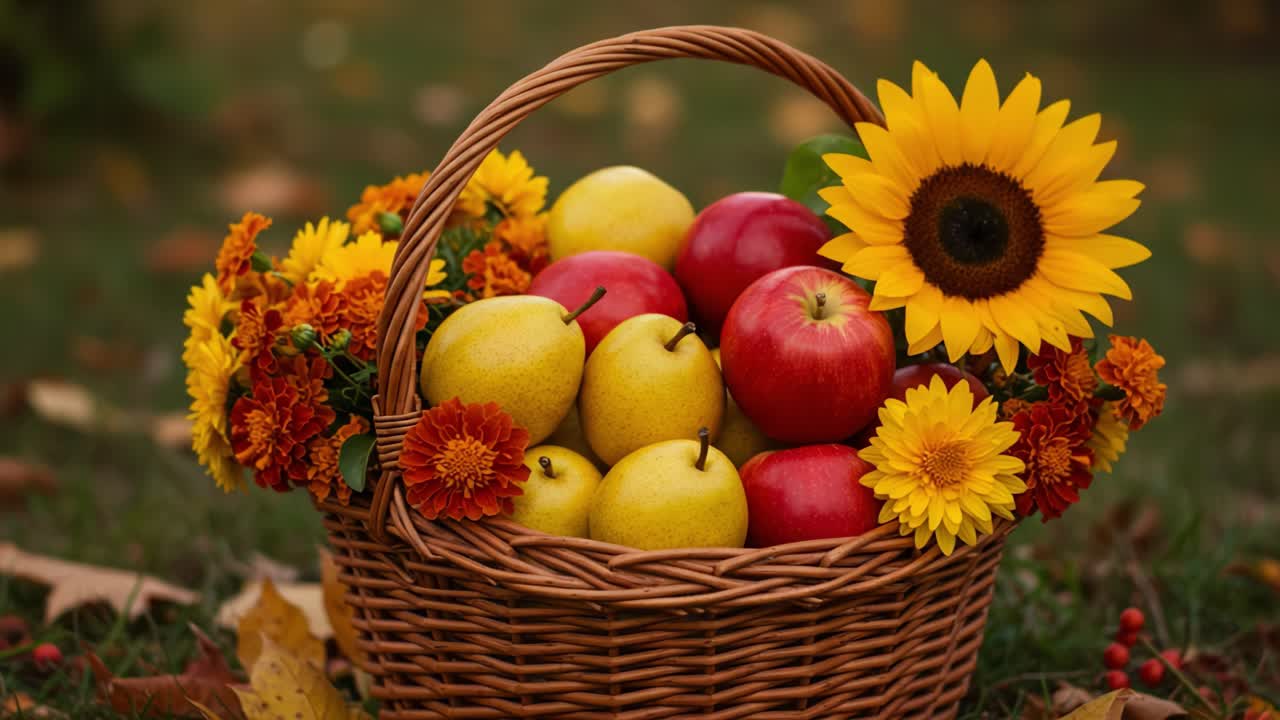 A Beautiful Autumn Basket Filled with Fresh Apples, Bright Sunflowers, and Colorful Marigolds, Symbolizing the Bounty of Nature and Seasonal Abundance