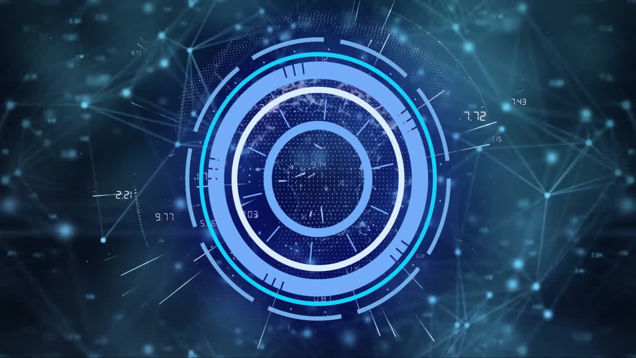 Digital data processing animation over network connections and geometric shapes