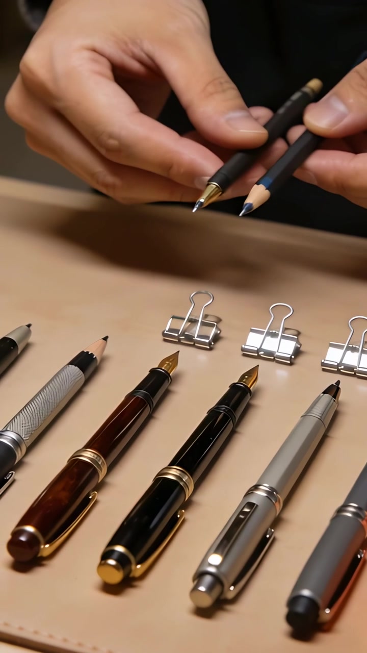 Video vertical: Sujetando un lápiz y una pluma estilográfica, manos comparando plumillas sobre clips de carpeta en una alfombrilla beige