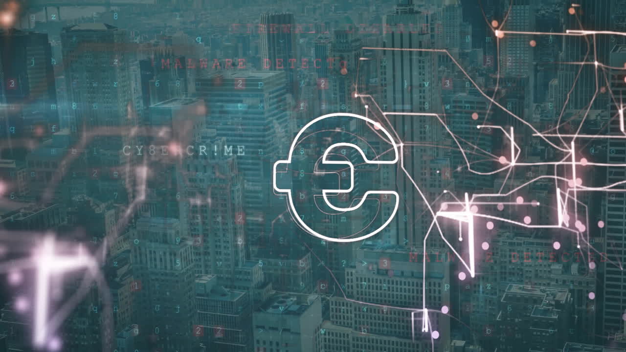 네트워크에서 유로 표지판의 애니메이션과 도시 풍경에서 데이터 처리