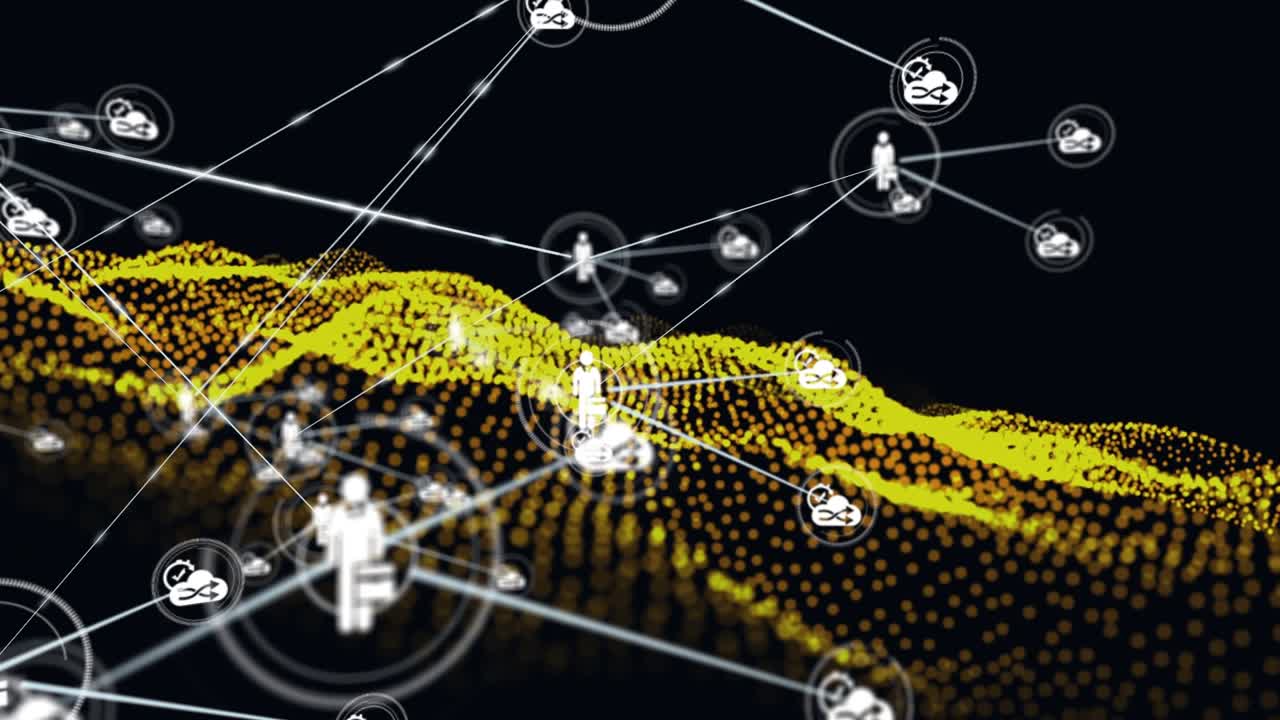 Animation of network of connections with people icons over mesh and black background