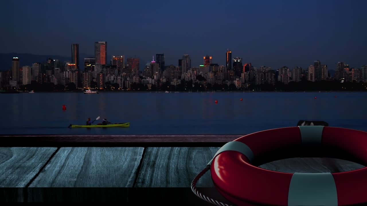 밤에 도시 풍경 위의 나무 산책로에 있는 구명 벨트의 애니메이션