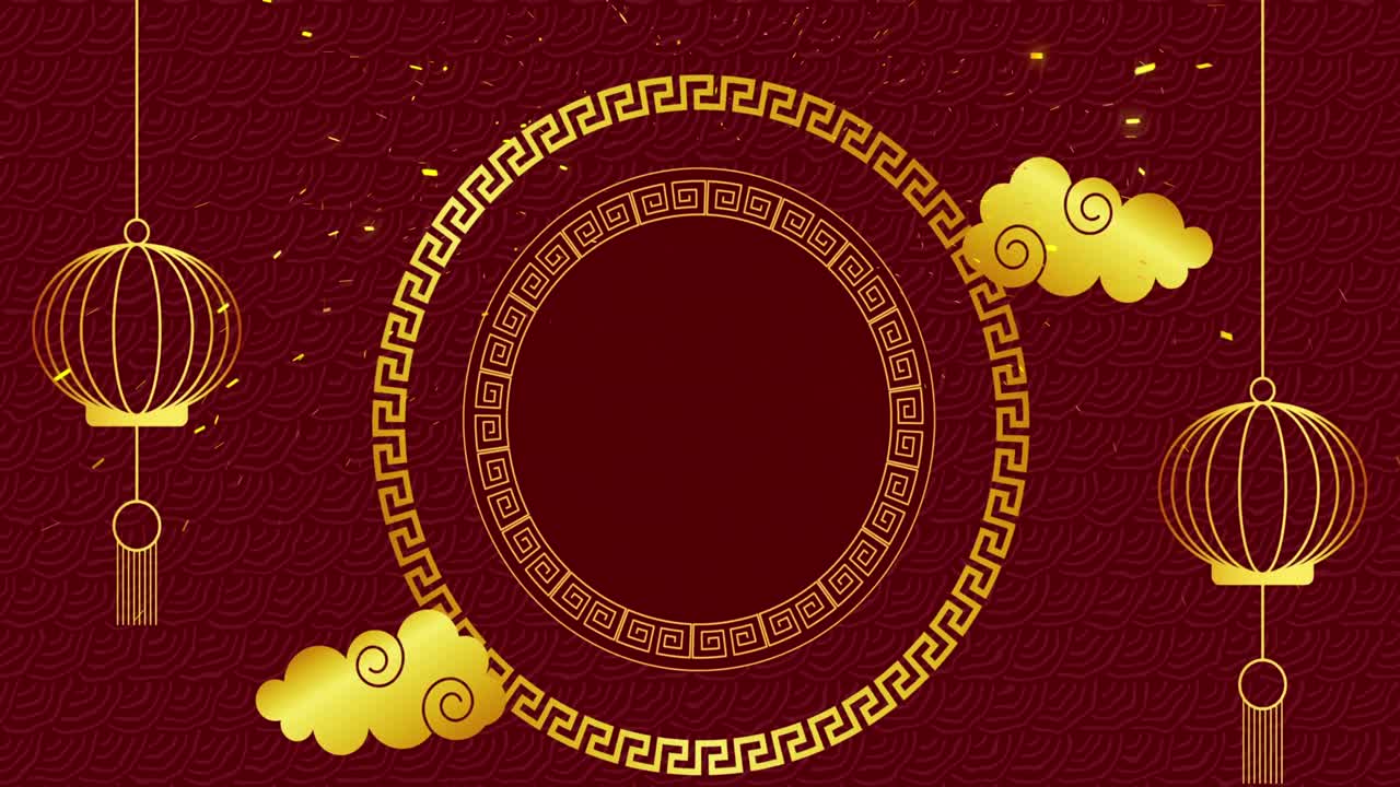 animación de decoraciones tradicionales chinas con confeti en fondo rojo.