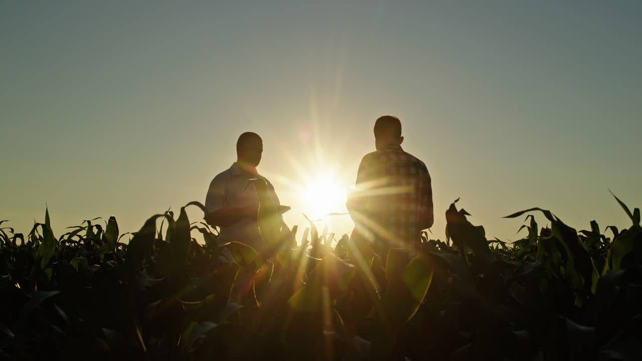 agricultores discutiendo en un campo de maíz al atardecer