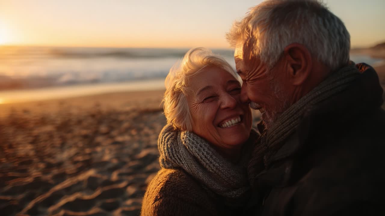 Joyful Moments Shared Between Two Seniors on a Beach at Sunset, Capturing the Essence of Love, Happiness, and Companionship in Nature's Beautiful Setting