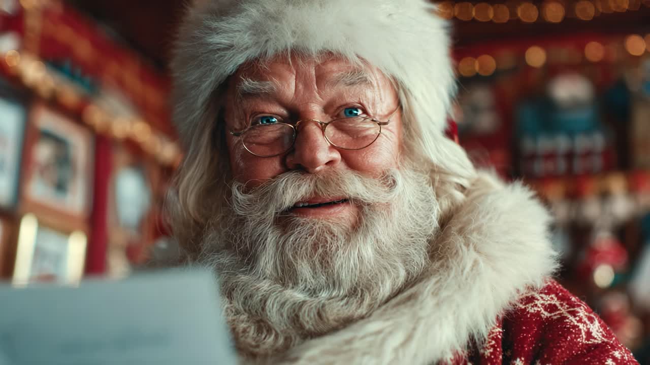Un gioioso e caloroso Babbo Natale celebra lo spirito delle feste con un sorriso felice e affetto, diffondendo allegria e magia a tutti durante le festività