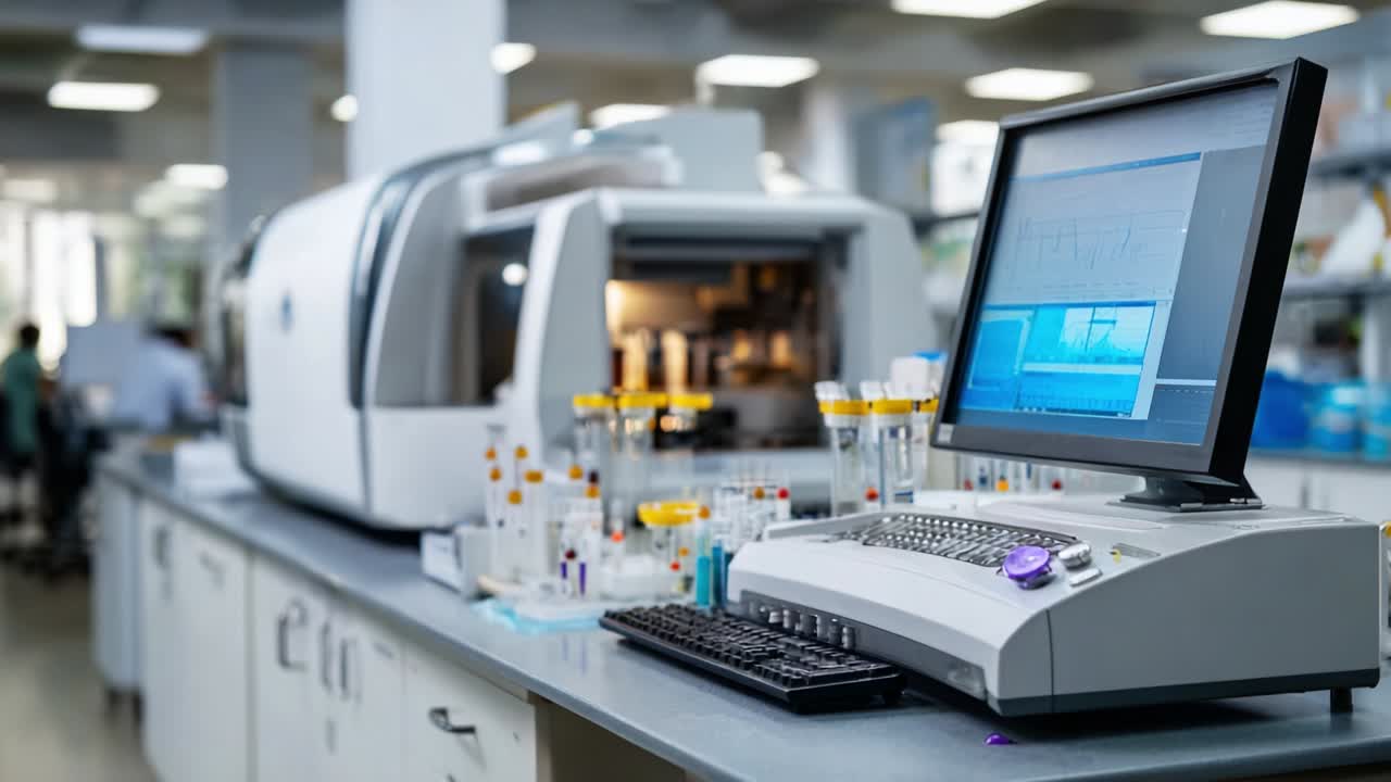 Cutting-edge Laboratory Setup Featuring Advanced Analyzer and Computer Workstation for Precision Testing and Research in Biomedical Sciences, Showcasing a Clean, Modern Environment with Equipment and Samples