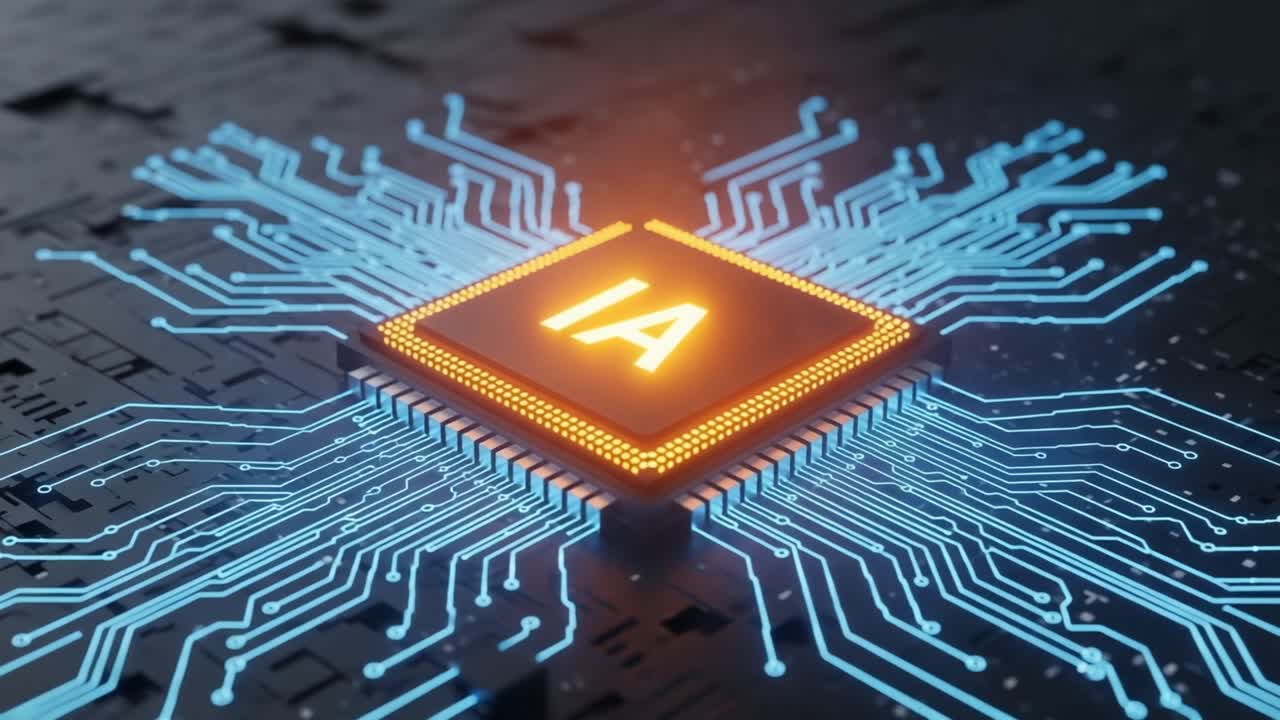 A striking representation of artificial intelligence in action, showcasing a complex microchip with glowing circuits illuminating its advanced computing capabilities