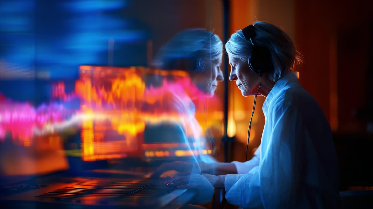 A focused audio engineer at work, deeply engaged in sound editing, surrounded by vibrant digital waveforms and captivating visual elements, capturing the essence of creativity and technology