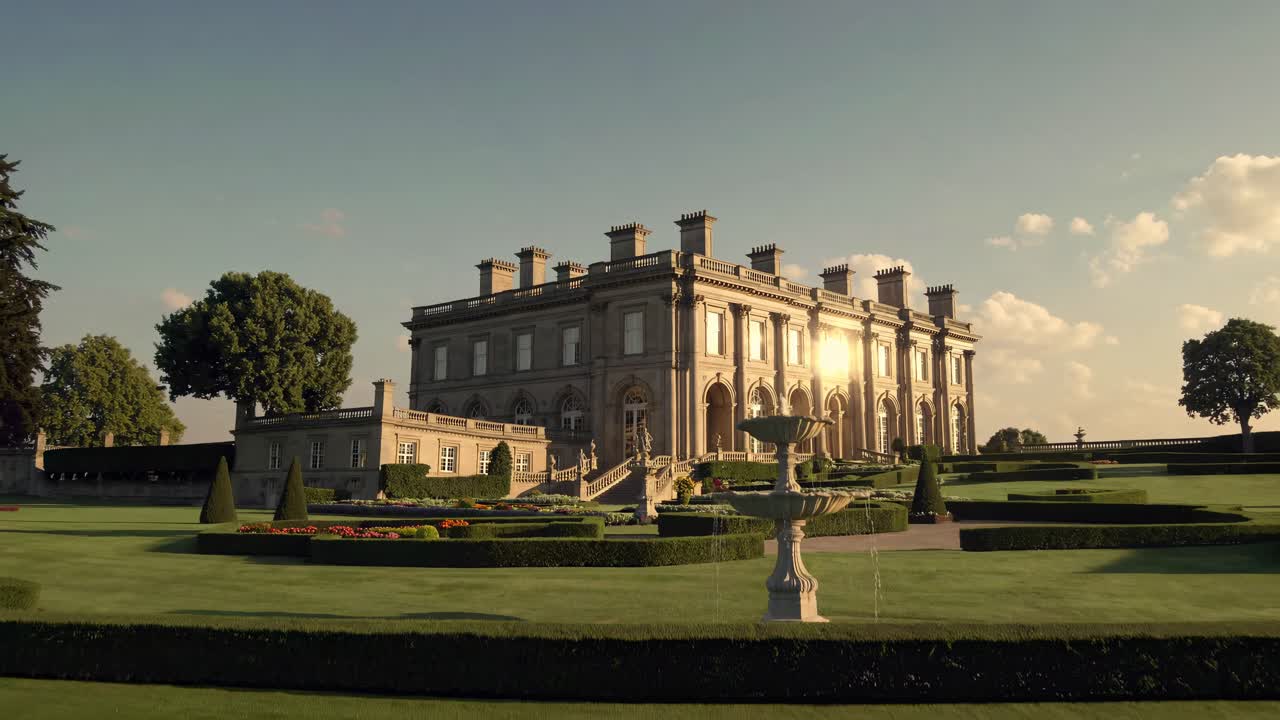 Aerial video view of a grand estate with manicured gardens, captured at sunset