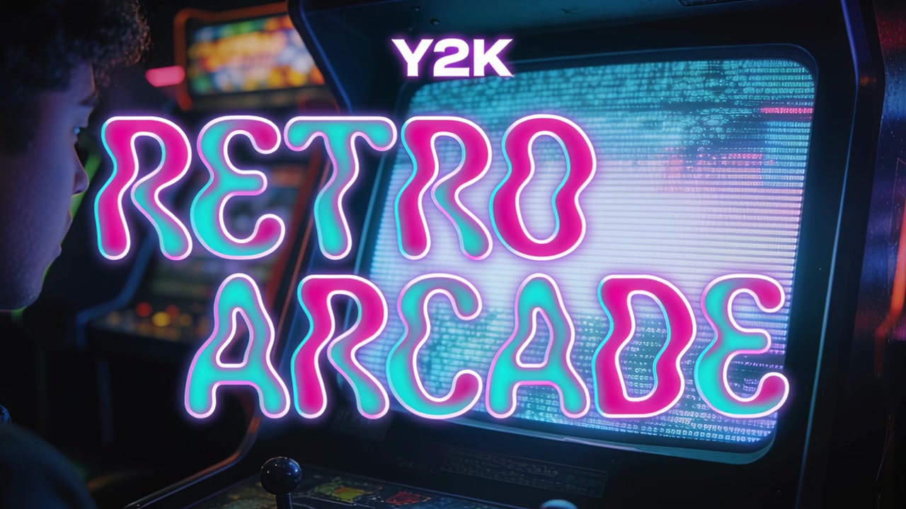 Telecamera in movimento che rivela un cabinato arcade sotto l'insegna al neon RETRO ARCADE per mostrare l'insegna Y2K del cabinato con joystick.