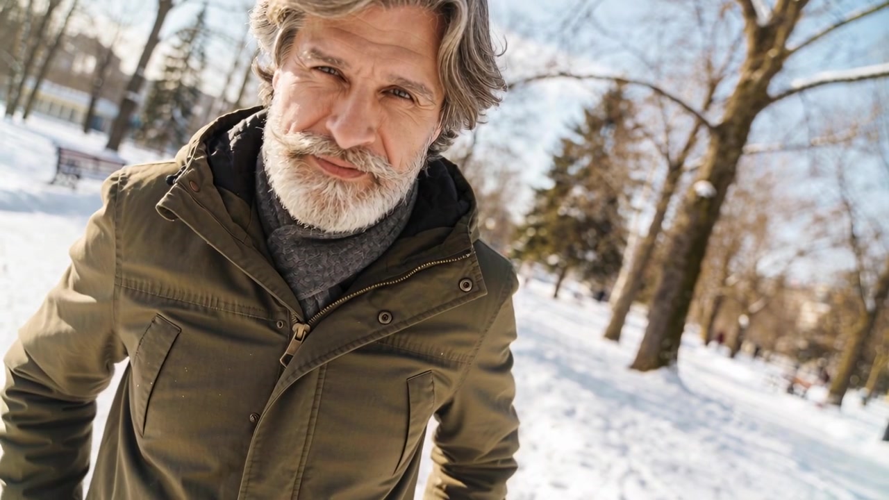 Hombre mayor frotándose los guantes nevados, caminando hacia la cámara en un parque nevado, vistiendo una parka verde.