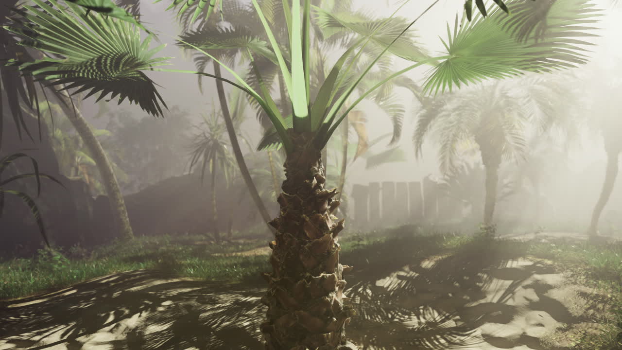 Lush palm trees in misty tropical landscape create serene atmosphere