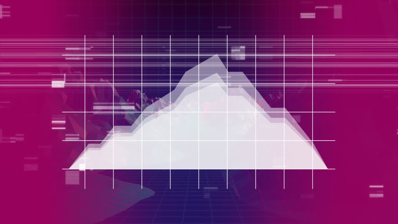 gráfico que se mueve en la cuadrícula con un cuadrado de chisporroteo virtual en fondo púrpura