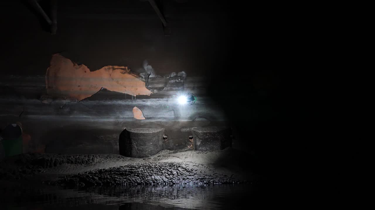 drone de inspección con luz brillante vuela dentro del tanque del contenedor de la planta de energía de carbón