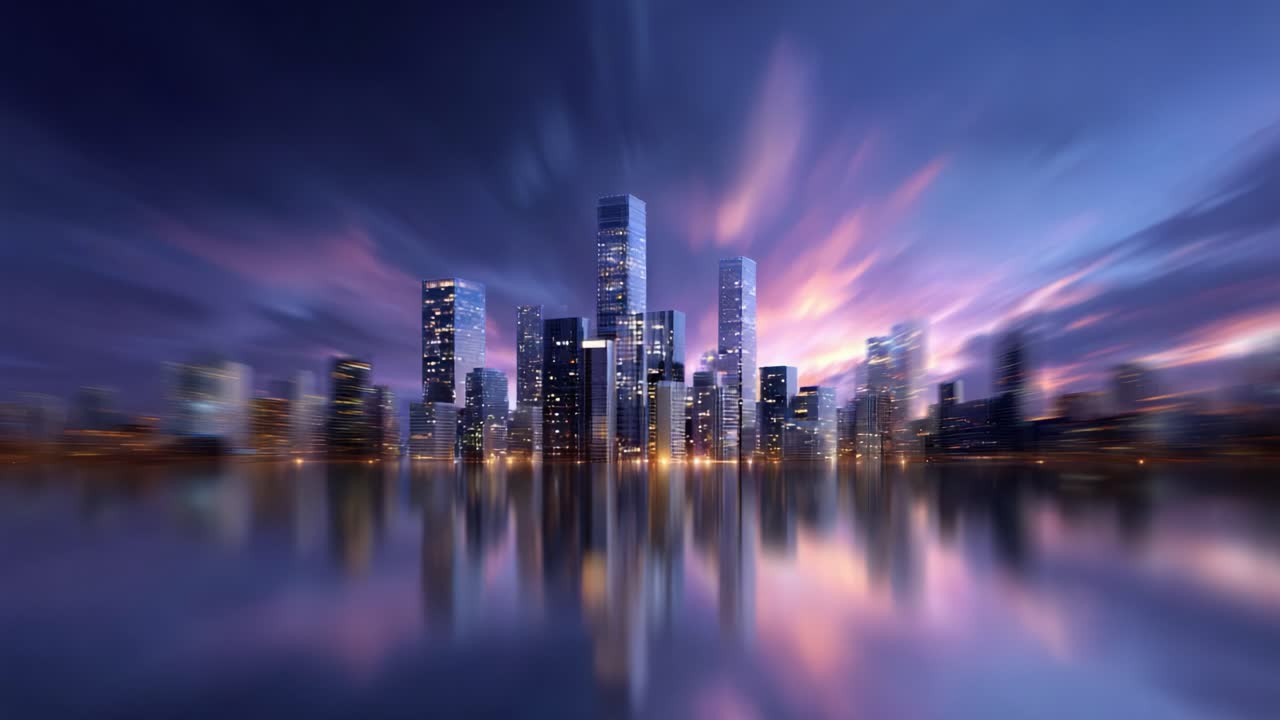 Mesmerizing Cityscape at Dusk: A Captivating Journey Through the Transition from Vibrant Twilight to Glimmering Night Over a Reflective Body of Water