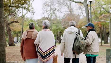 nature, group and senior friends walking