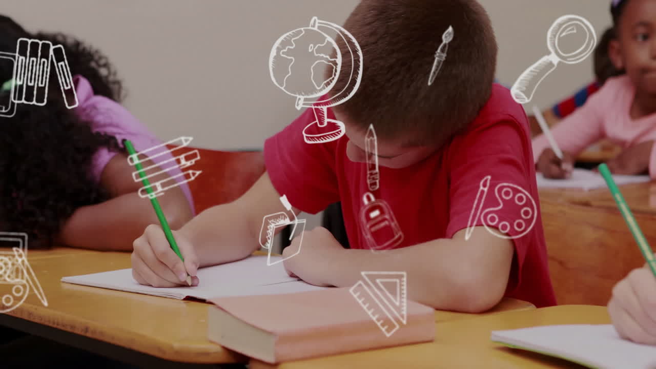 animación de iconos de artículos escolares sobre diversos escolares en el aula