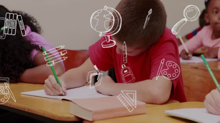 animación de iconos de artículos escolares sobre diversos escolares en el aula