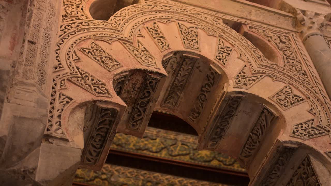 Footage capturing the intricate details inside the famous Mosque-Cathedral of Córdoba, Spain.