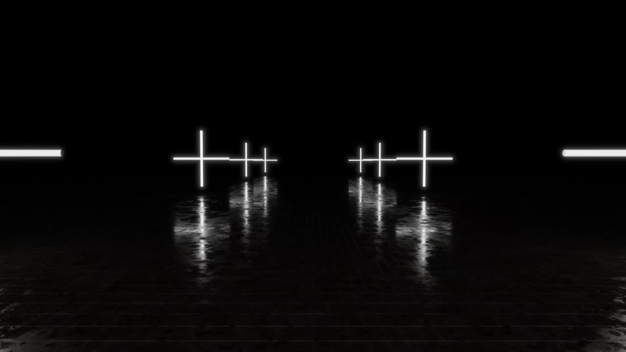 animación futurista de ciencia ficción con cruces blancas de neón. moviéndose hacia adelante en una habitación vacía sin fin con suelo de hormigón. 4k